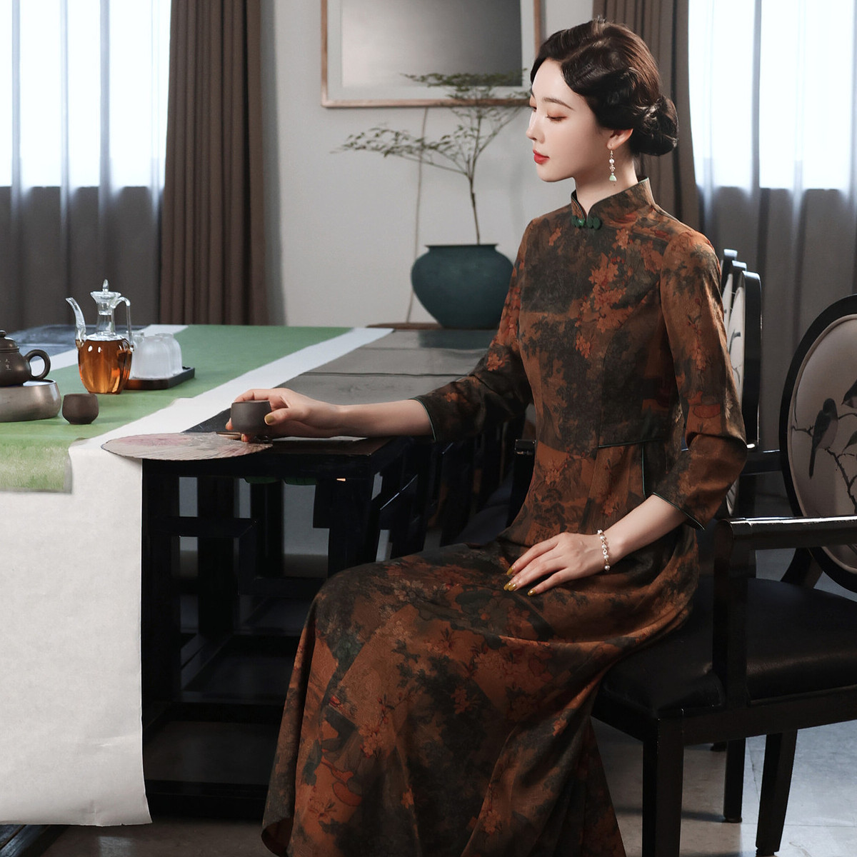 Demi-season cheongsam, elegant skirt, dress for leisure, long sleeve