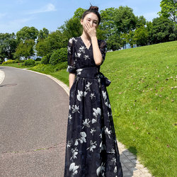 Black floral dress for women summer 2024 new style French style waist slimming high-end beautiful long skirt