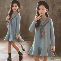 Girls winter dress with dress in dress 12-15-year-old blue gush thickened casual infish tail dresses spring-autumn season