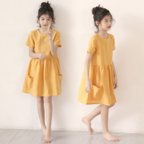 Girl Yellow Dress Dress Summer Dress 2021 New CUHK Boy 12-15 Year Old Cotton Linen Breathable Casual Skirt summer