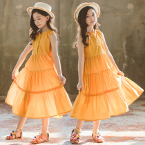 Girl Over Knee Long Skirt Summer CUHK Boy 12-15 Year Old Yellow Leave Two Big Swing Dress Girl Summer Princess Dress