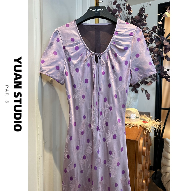 【Soft Purple Evening Breeze】100% Rayon Xiangyun Silk Bias-Cut Vintage Style Waist-Cinching Slimming Dress for Women