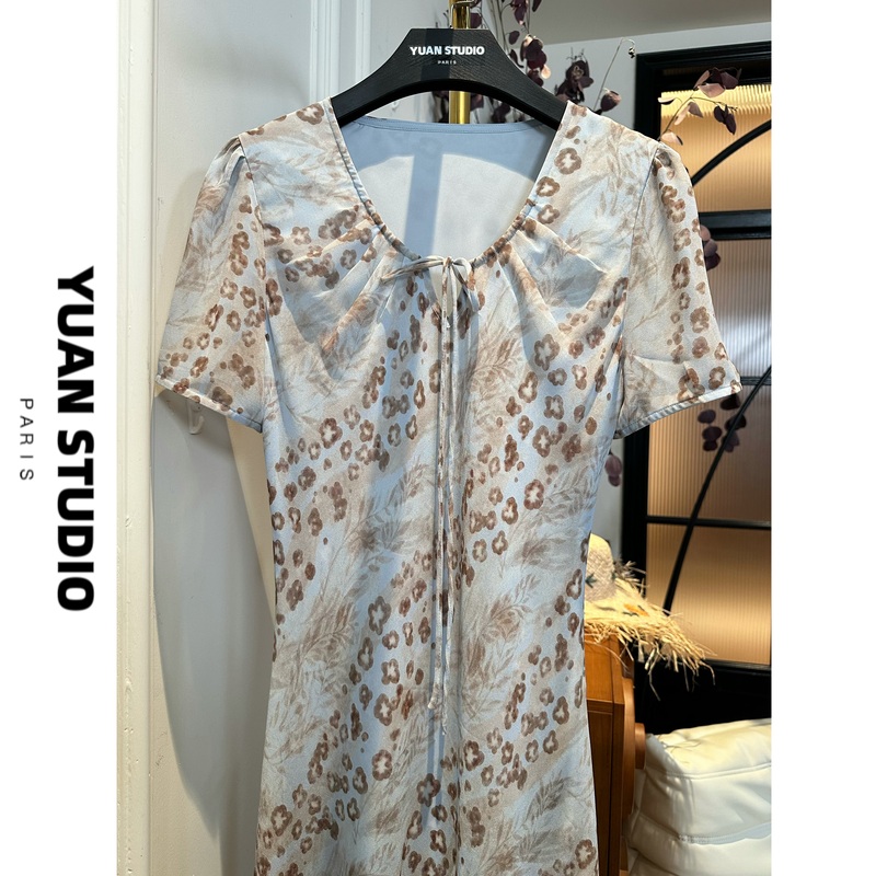 【Mist Blue Prologue】New Summer Style French Bias-Cut Vintage Elegant Waist-Slimming Short-Sleeve Dress for Women