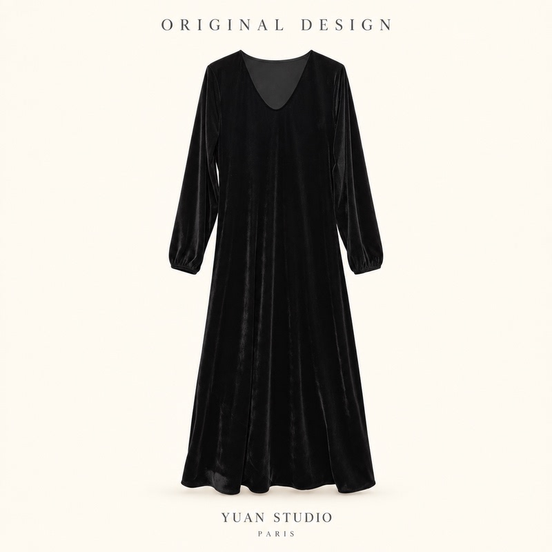 Yuan 【Mosi Yumeng】Autumn and Winter French Retro Velvet V-Neck Minimalist Slim-Fit Elegant Long-Sleeve Dress