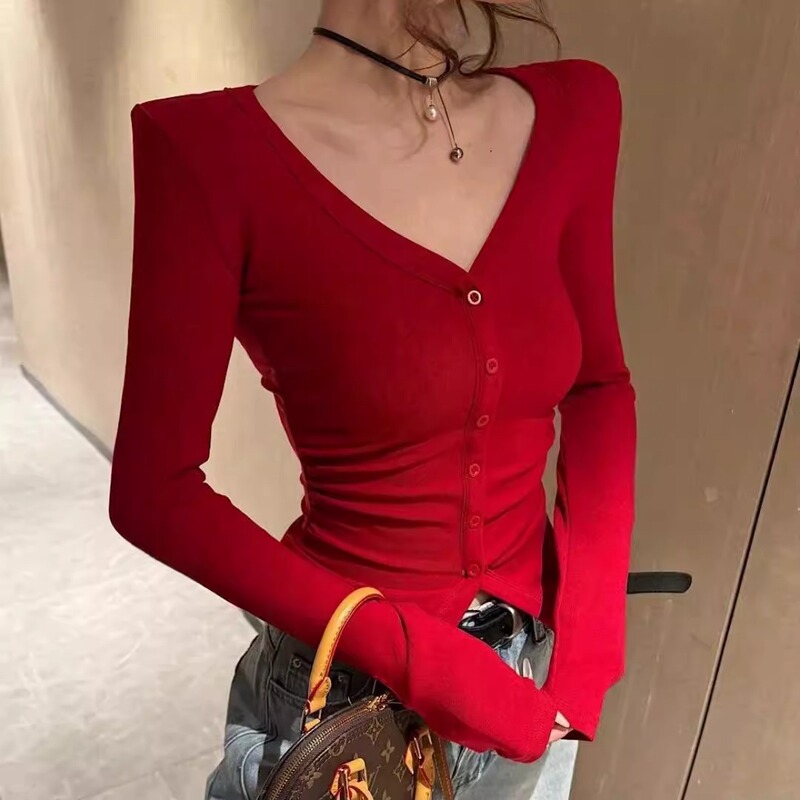 Korean Spicy Girl Style V-Neck Padded Shoulder Straight Shoulder T-Shirt for Women 2026 Spring New Chic and Stylish Slim-Fit Cardigan Top