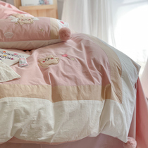ins Wind cute embroidery quilt cover four-piece cotton cotton quilt cover single bed supplies three-piece pink ball