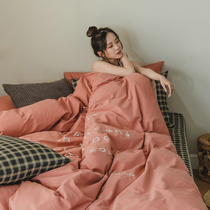 ins simple embroidery wash cotton four-piece cotton cotton girl heart plaid bed sheet three-piece bedding