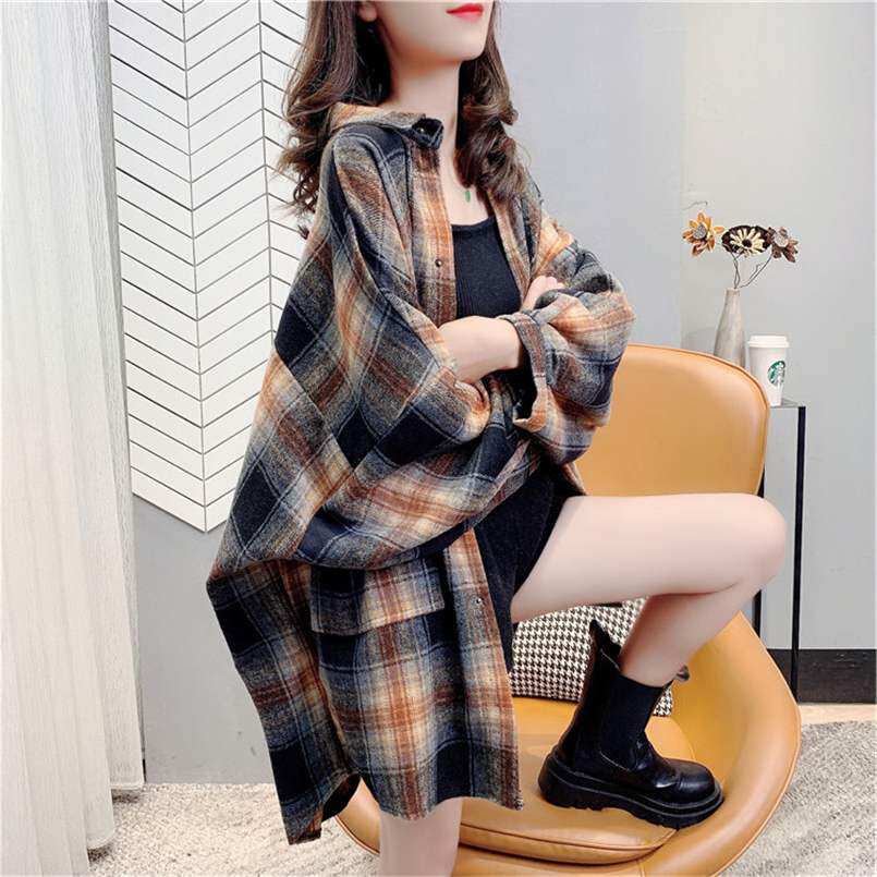 Korean woolen plaid shirt top women's spring and autumn 2022 new loose retro long-sleeved shirt jacket tide