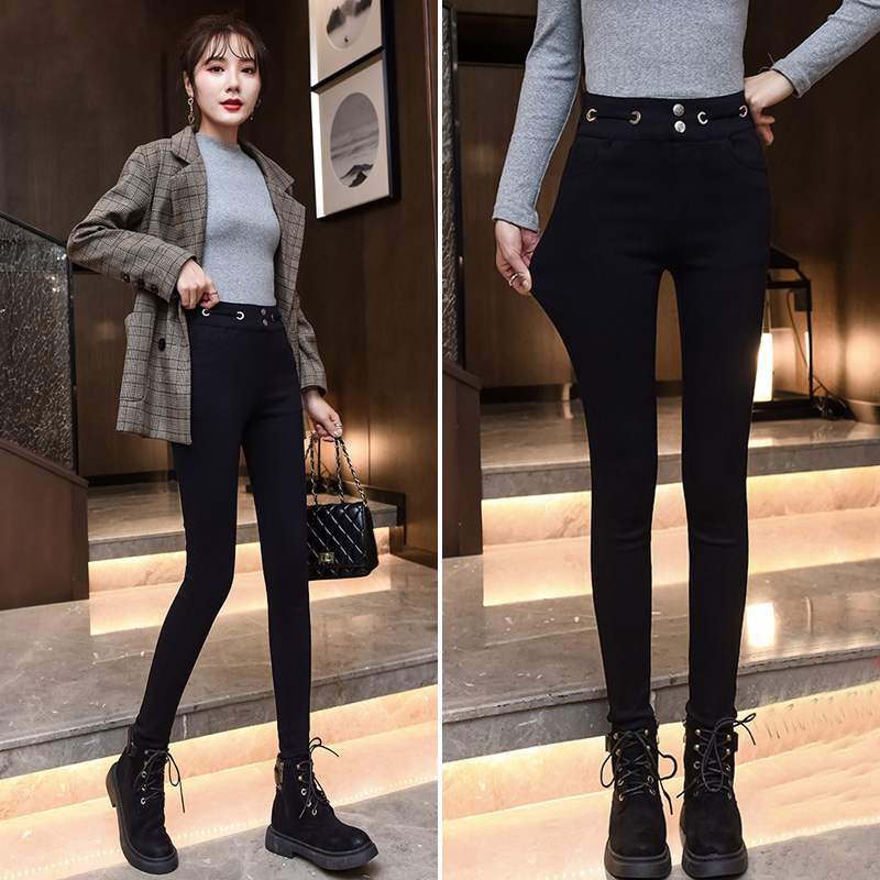 Tidal Card Plus Suede Thickened Inner Lap Pants Woman Outside Wearing Autumn Winter 2020 New High Waist Tight Body Slim Stretch Narrow Footed Pants