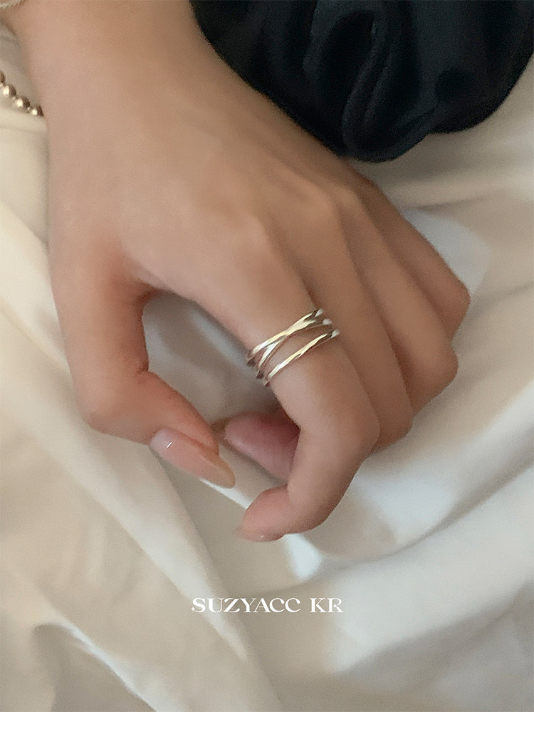 银饰戒指 suzyacc kr韩国简约小众设计感纯银交叉戒指时尚个性食指戒可调节