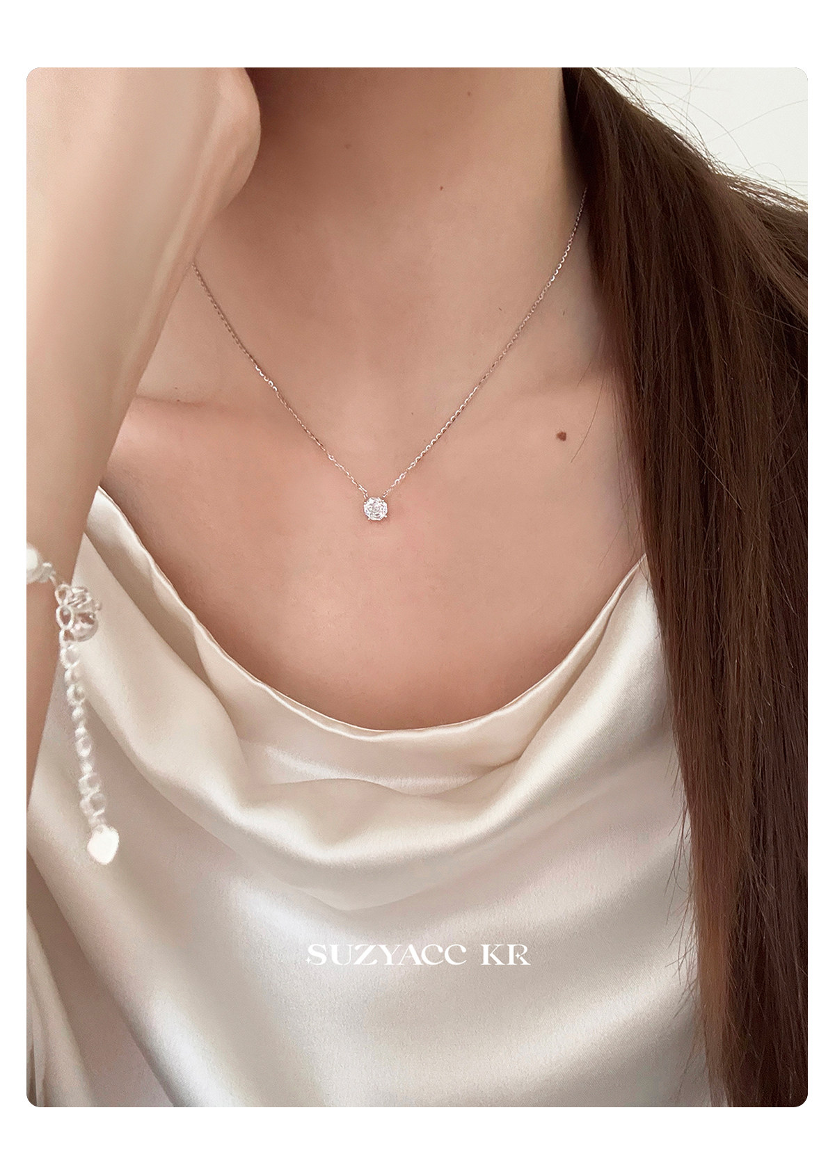 Серебряное ожерелье suzyacc kr玫瑰花切合成锆石项链纯银锁骨链女2025新复古小众颈链