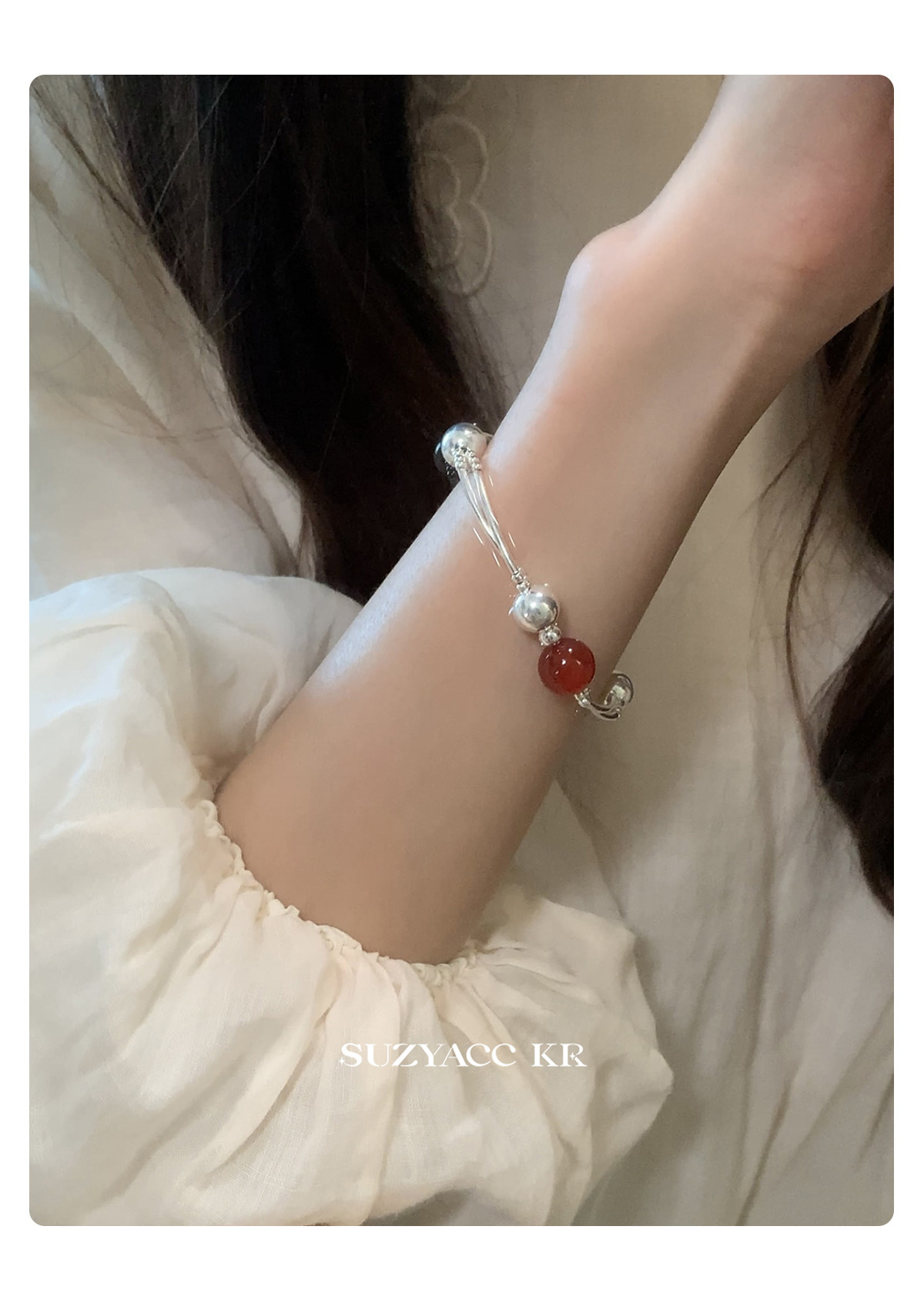银饰手链 suzyacc kr轻奢简约红玛瑙纯银双层手链女早秋复古气质高级感手饰