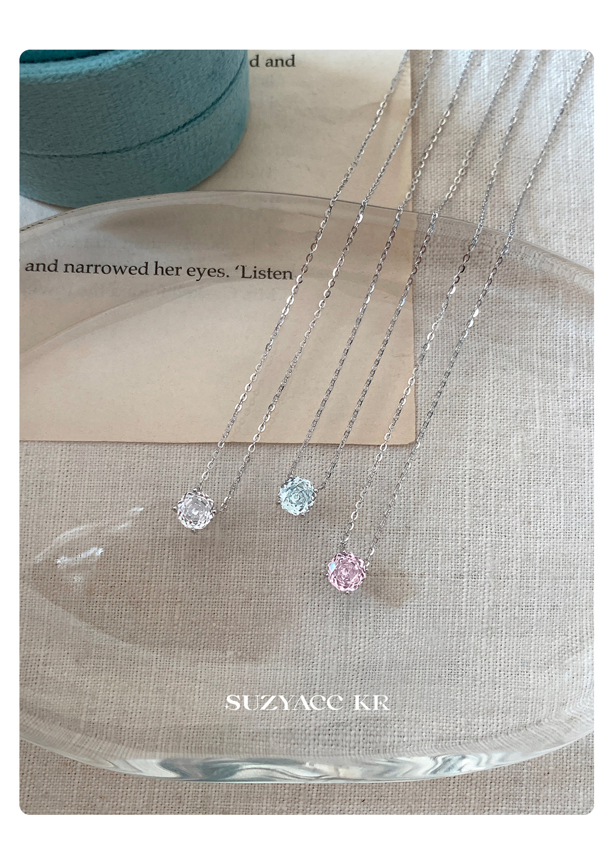 Серебряное ожерелье suzyacc kr玫瑰花切合成锆石项链纯银锁骨链女2025新复古小众颈链