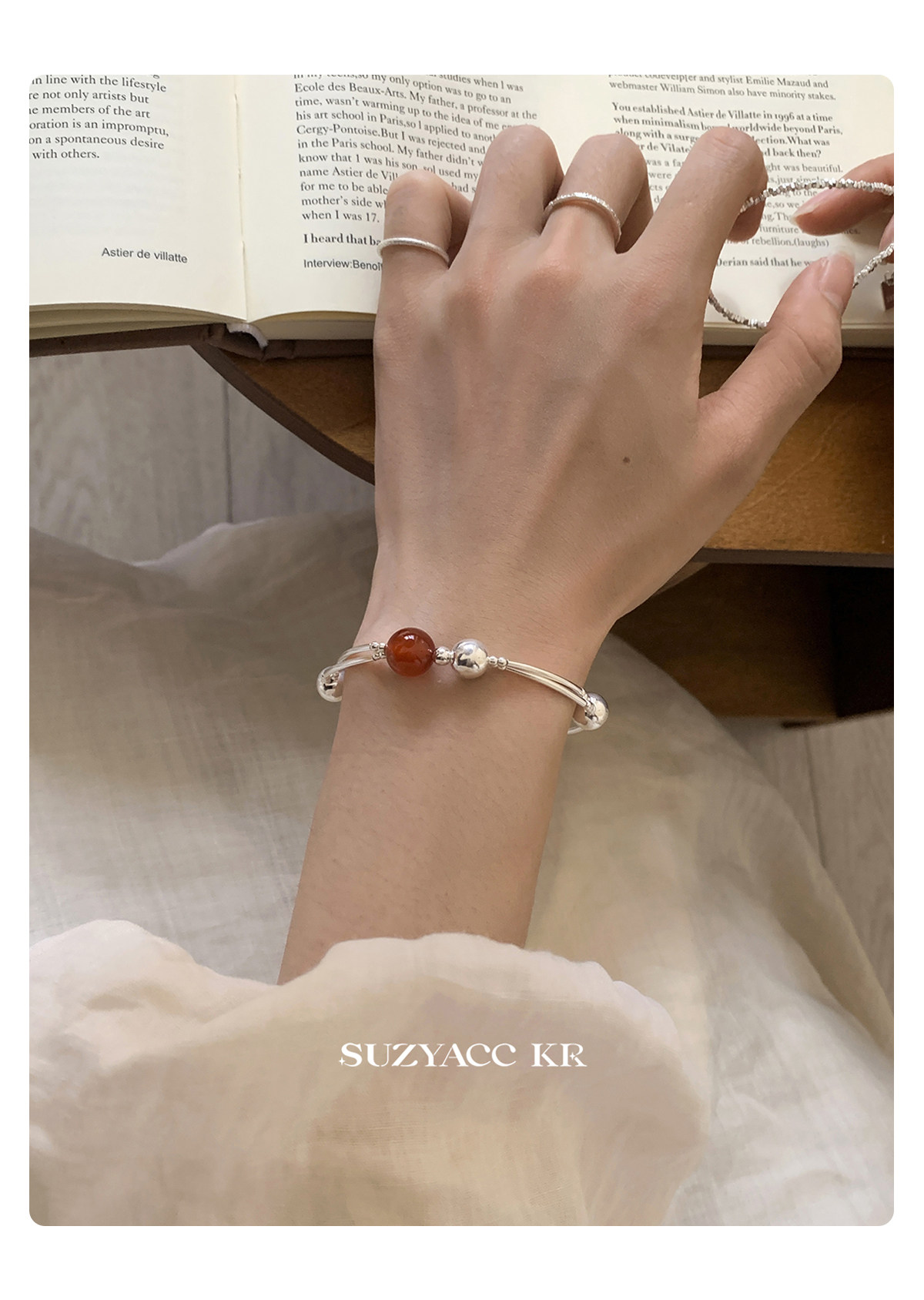 银饰手链 suzyacc kr轻奢简约红玛瑙纯银双层手链女早秋复古气质高级感手饰