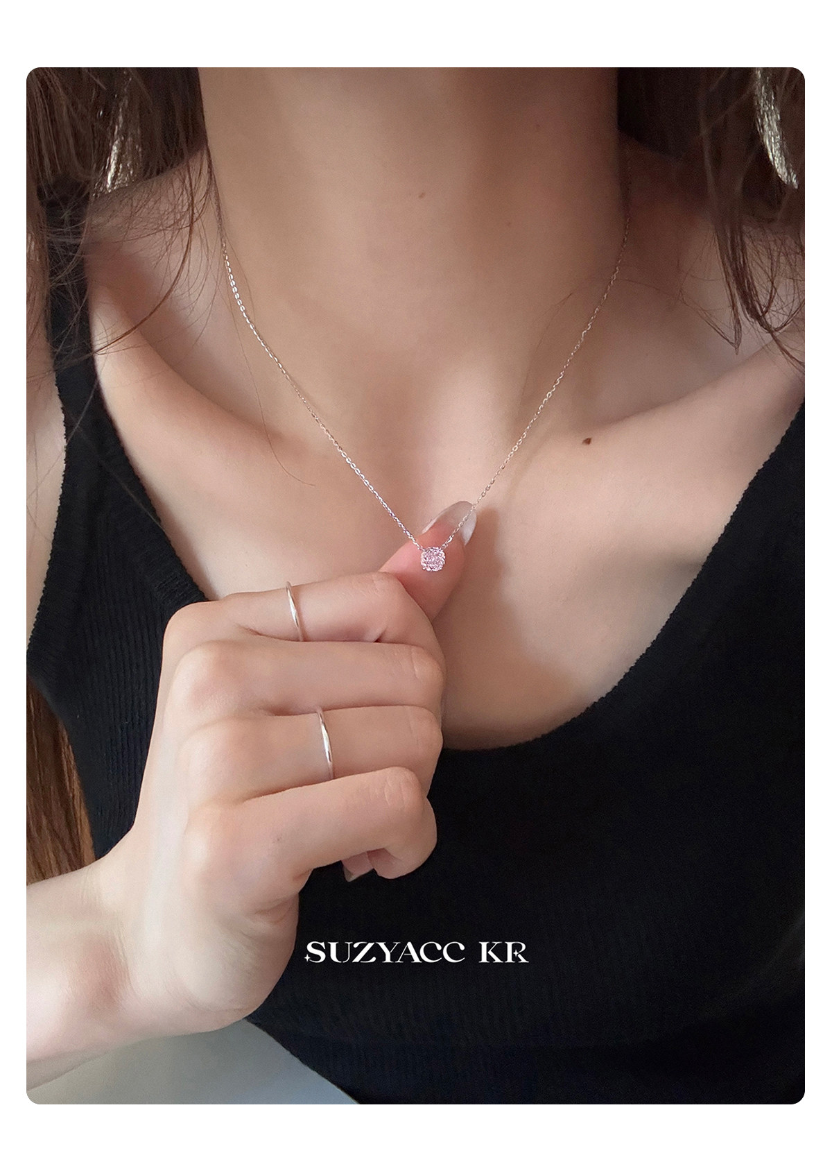 Серебряное ожерелье suzyacc kr玫瑰花切合成锆石项链纯银锁骨链女2025新复古小众颈链