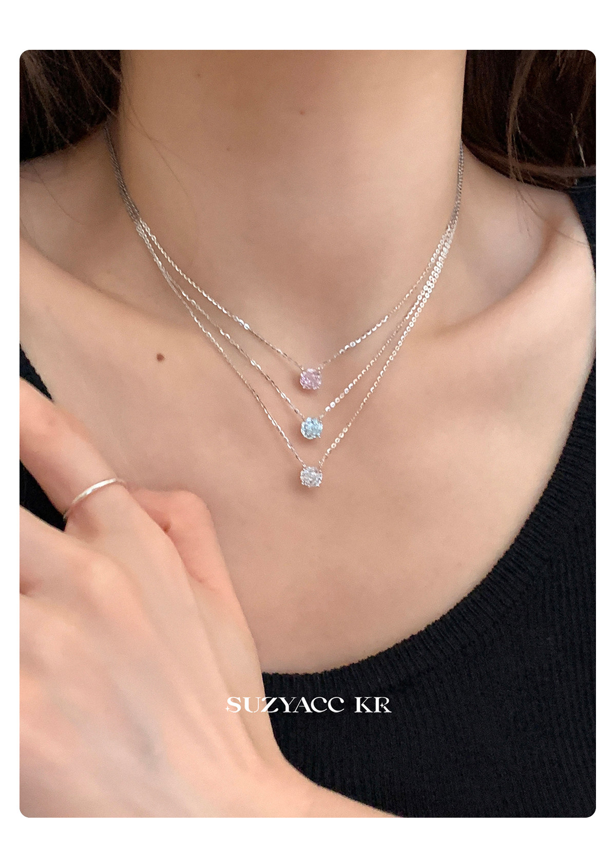 Серебряное ожерелье suzyacc kr玫瑰花切合成锆石项链纯银锁骨链女2025新复古小众颈链