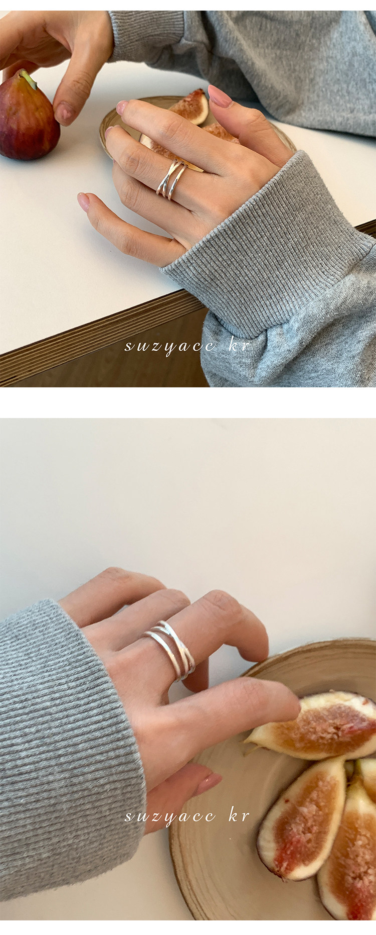银饰戒指 suzyacc kr韩国简约小众设计感纯银交叉戒指时尚个性食指戒可调节