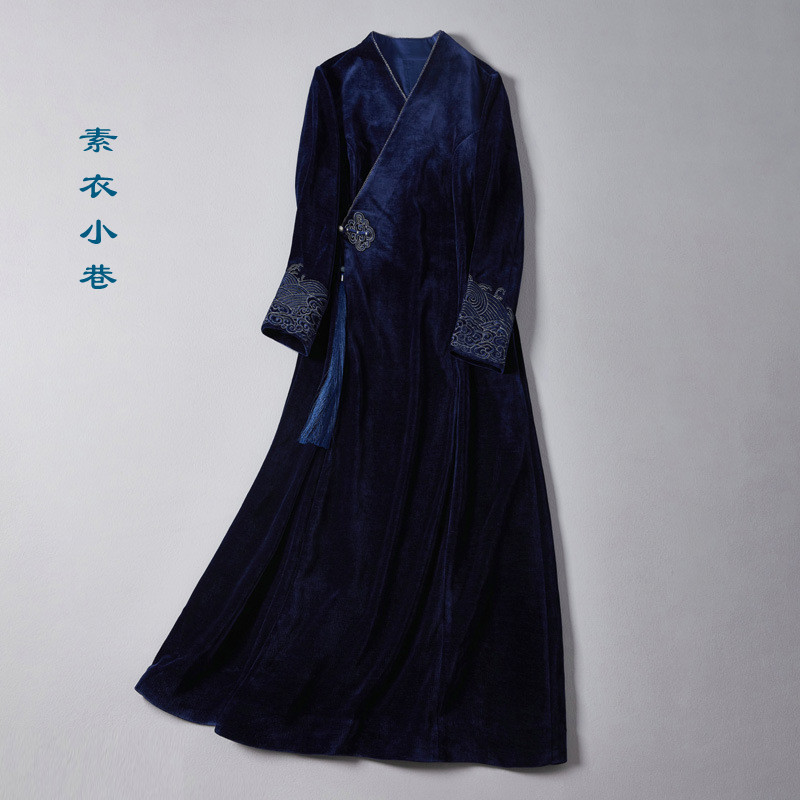 Chinese-Style Women's Clothing for Autumn and Winter, Blue Velvet Zen Tea Dress, Thickened Hanfu Jacket, Velvet Long-Sleeved Dress
