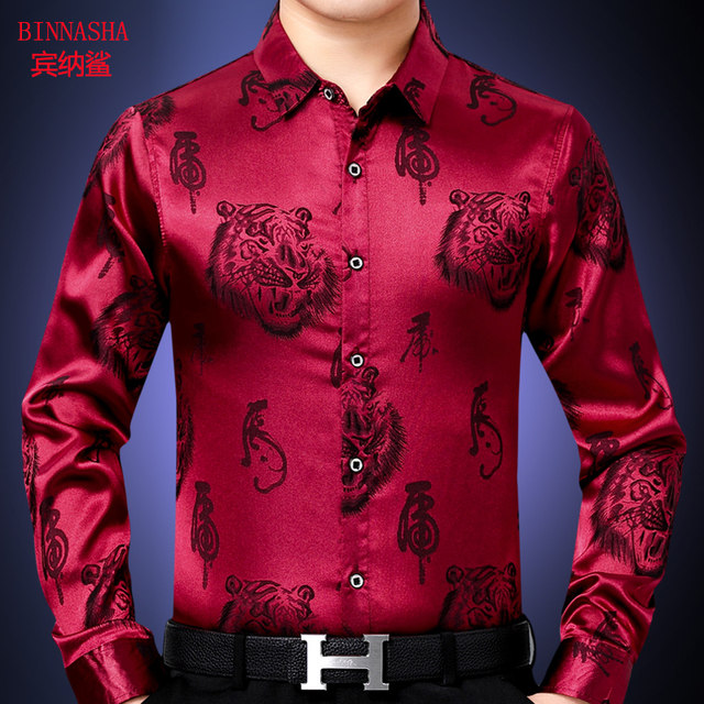Spring and Autumn new style middle-aged men's long-sleeved shirt embroidered shirt men's red dad inch shirt animal year top thin section