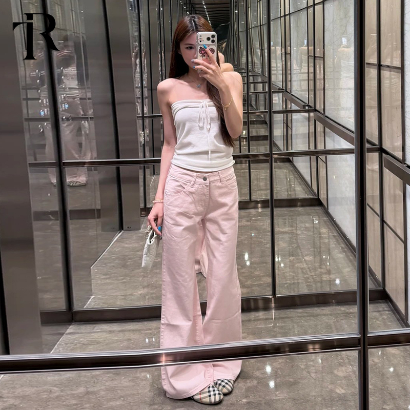 American-Style Cherry Blossom Pink Wide-Leg Jeans for Women 2026 New Natural Waist Loose Slimming Dopamine Versatile Straight-Leg Pants