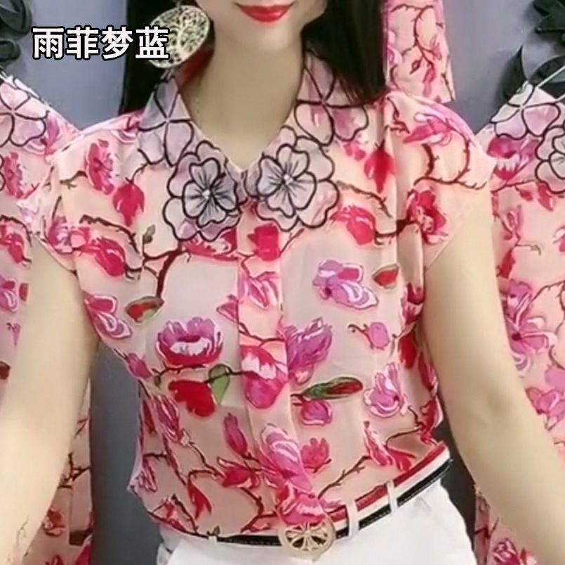 2022 new summer net red fashion women's foreign style cover belly looks thin loose temperament small fragrant wind printed pullover chiffon shirt