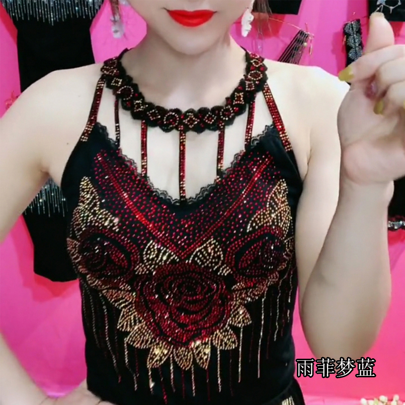 Diamond rose clavicle camisole women's 2022 autumn and winter new elastic bright diamond net red beauty back bottoming shirt tide