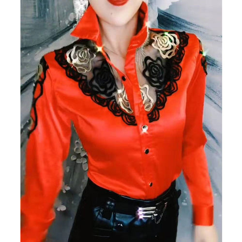 European station fashion shirt women's 2022 autumn new lace embroidery shirt all-match sexy bottoming shirt top trend