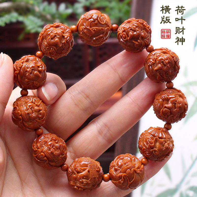 Zhoushan Olive Stone Carving Pure Handmade Round Red Stone Horizontal Version Lotus Leaf Horizontal God of Wealth Olive Hu Wenwan Bracelet for Men and Women