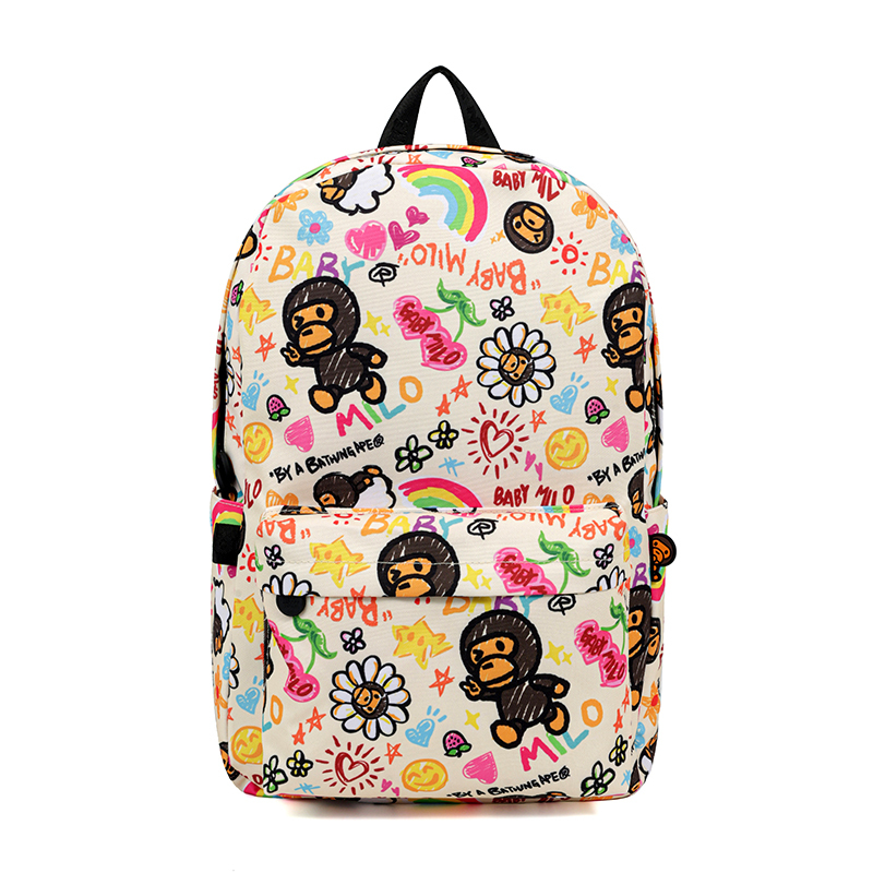 Baby Milo Trendy Brand Backpack Beige Ape Cartoon Print Backpack for Men and Women Middle School Students School Bag