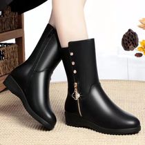 Leather mid-boots womens autumn and winter low-heeled plus velvet large-size cotton boots round toe middle-aged mother cotton shoes leather shoes Martin boots