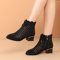 2022 summer new frosted short boots thick heel Martin boots womens cool boots mid-heel hollow rhinestone pointed mesh single boots