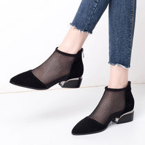 Mesh boots hollow mesh shoes womens 2022 new leather thick heel pointed toe low heel cool boots summer breathable shoes