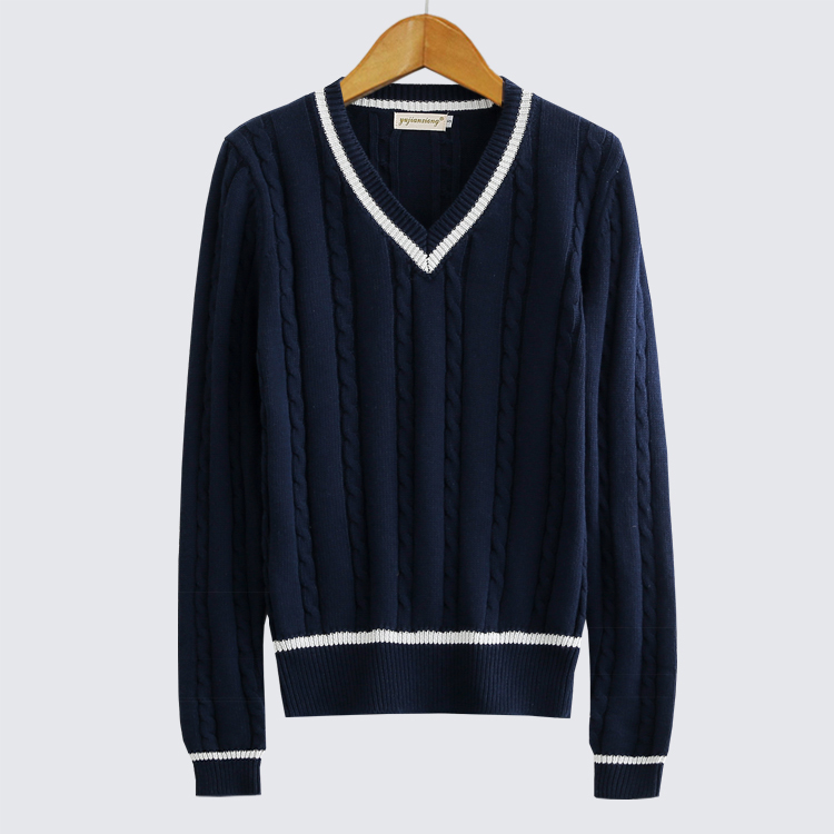 Autumn and Winter V-Neck Cable Knit Striped Long-Sleeve Thick Sweater, College Style Pullover Sweater, Unisex Fashion Versatile School Uniform