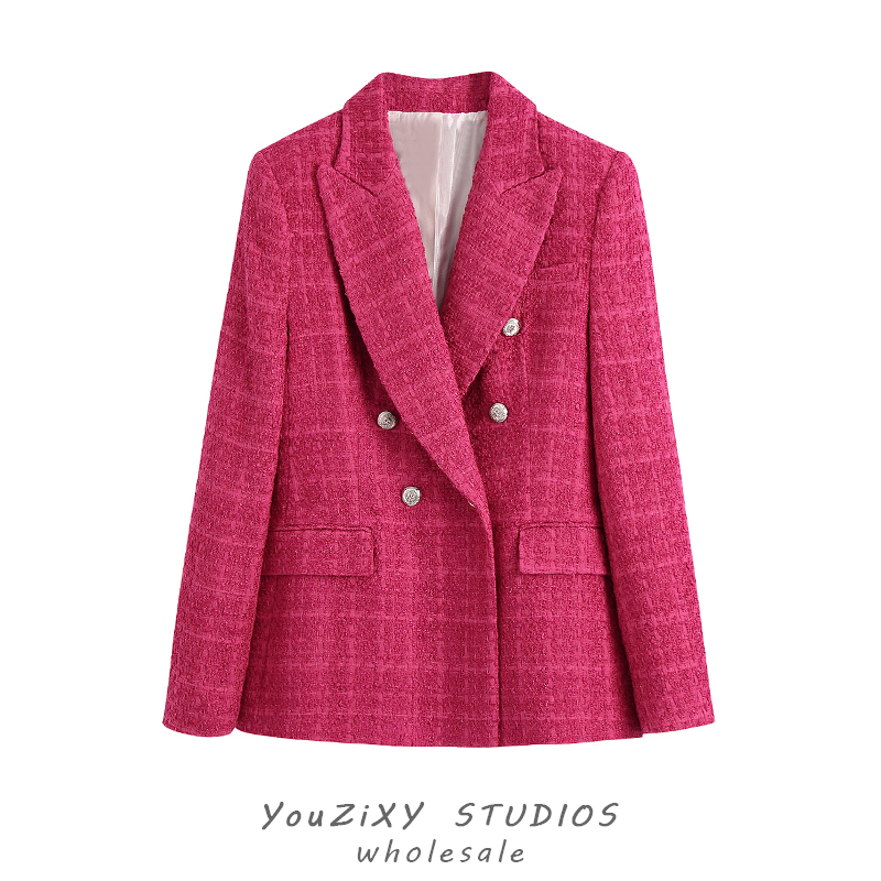European and American Fashion Versatile Retro Tweed Texture Double-Breasted Casual Blazer Slim Fit Top Autumn