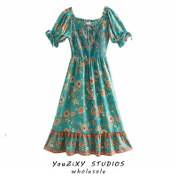 European and American clothing, bohemian vacation style, sexy one-line collar, elastic design dress, fairy skirt, long skirt with full hem