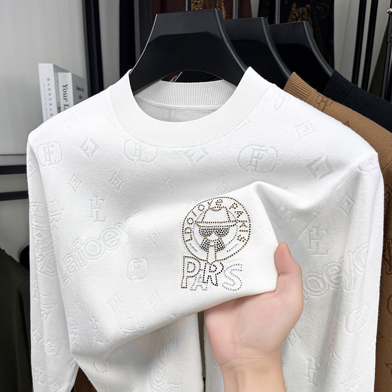 Men's Wool Sweater for Autumn and Winter, Fashionable Knitted T-Shirt, Round Neck Base Shirt, Jacquard Print Craftsmanship, Youth Sweater for Men