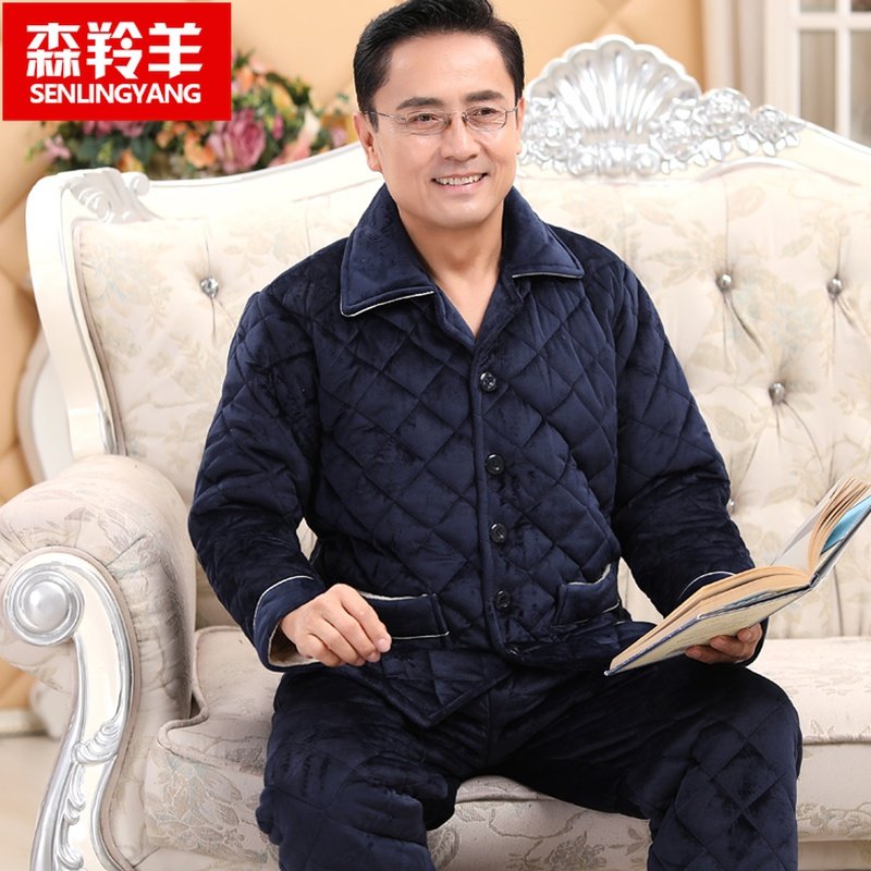Middle-aged and elderly dad men's pajamas three layers thickened cotton wool winter old man cotton jacket father home clothes