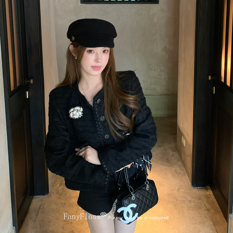 Fanyfloss Light Luxury Floral Woven Shiny Woolen Short Coat with Cotton Lining, Stylish Striped Tweed Cardigan