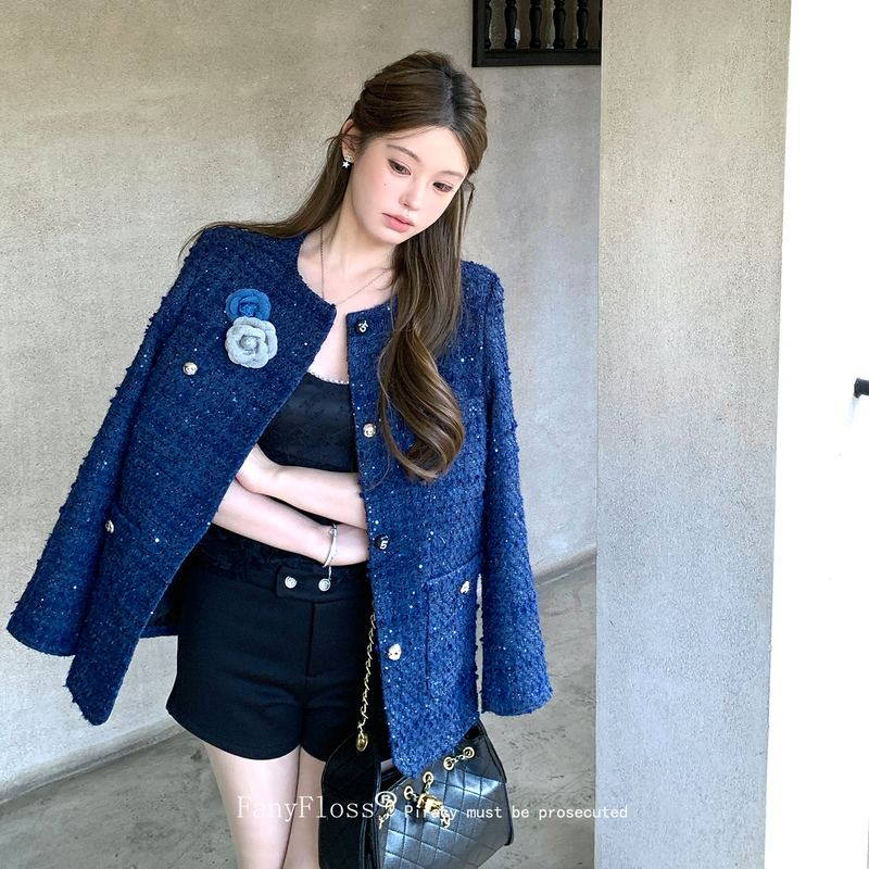 Fanyfloss Heavy-Duty Wool Tweed Fine Shimmer Floral Blue Jacket Chanel-Style Quilted Diamond-Embellished Blazer