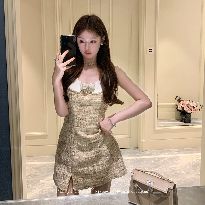 Fanyfloss Rich Girl Bowknot Diamond-Embellished Waist-Cinching Dress for Women, Summer Doll Collar Beaded Bodycon Short Dress