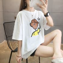 Printed short-sleeved chic top womens 2021 new summer Korean edition pure cotton wild half-sleeve white t-shirt loose