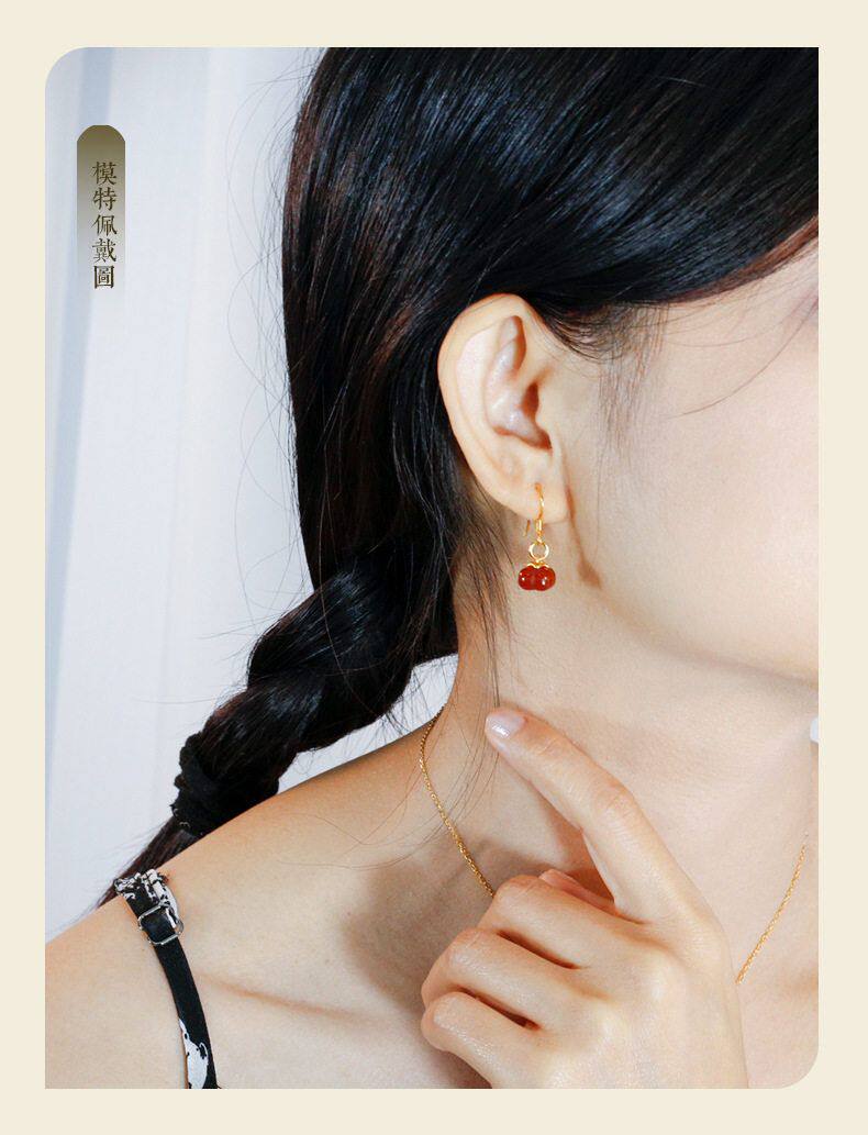 товар из китая 新中式古风汉服耳饰925银镶玉髓耳钩柿柿如意红玛瑙耳环女友礼物