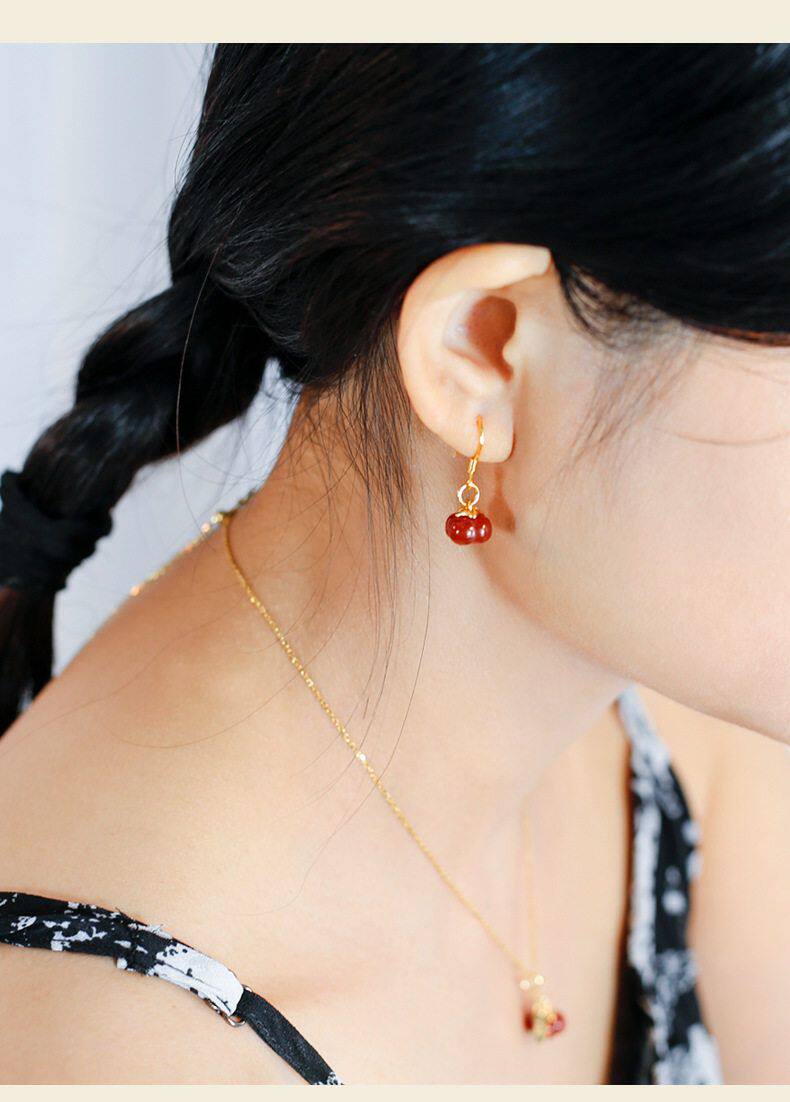 товар из китая 新中式古风汉服耳饰925银镶玉髓耳钩柿柿如意红玛瑙耳环女友礼物