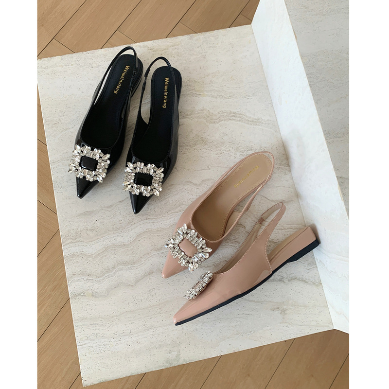 French-Style Evening Shoes, Elegant Pointed-Toe Summer Open-Back Shoes, Rhinestone Closed-Toe Sandals for Women