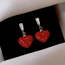 Niche full diamond red heart earrings female 2021 New temperament senior sense Net red earrings New Year earrings