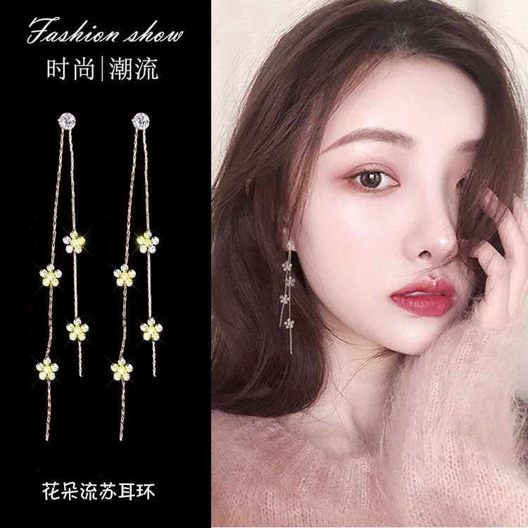South Korea S925 silver pin simple flower tassel earrings personality Super Fairy earrings all-around face thin earrings earrings female