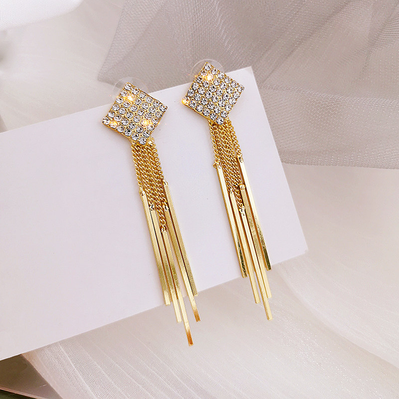 European and American temperament geometric multi-layer tassel earrings personality exaggerated 925 silver needle crystal square ear needle ear jewelry female