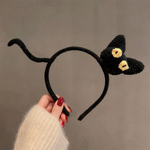 2021 New ins handmade crochet black cat hair hoop women wash net red hair accessories temperament broken hair head hoop