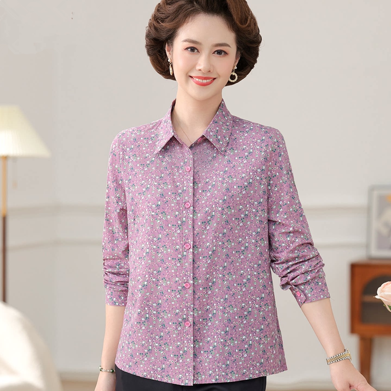 New Spring and Summer Mother's Clothing 100% Pure Cotton Floral Long-Sleeved Shirt for Women in Autum Middle-Aged and Elderly Women's Shirt Suit New Spring and Summer Mother's Clothing 100% Pure Cotton Floral Long-Sleeved Shirt for Women in Autum Middle-Aged and Elderly Women's Shirt Suit