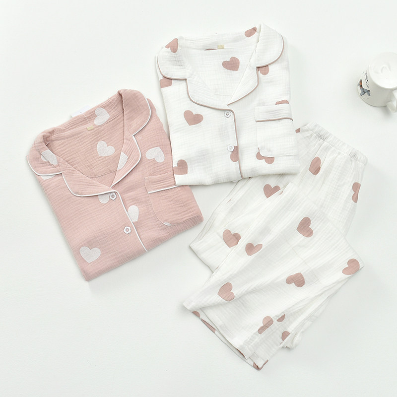 Day Department Double-layer gauze Sleeping Women's pure cotton spring autumn long sleeves washed cotton breathable loose can outwear a home suit suit